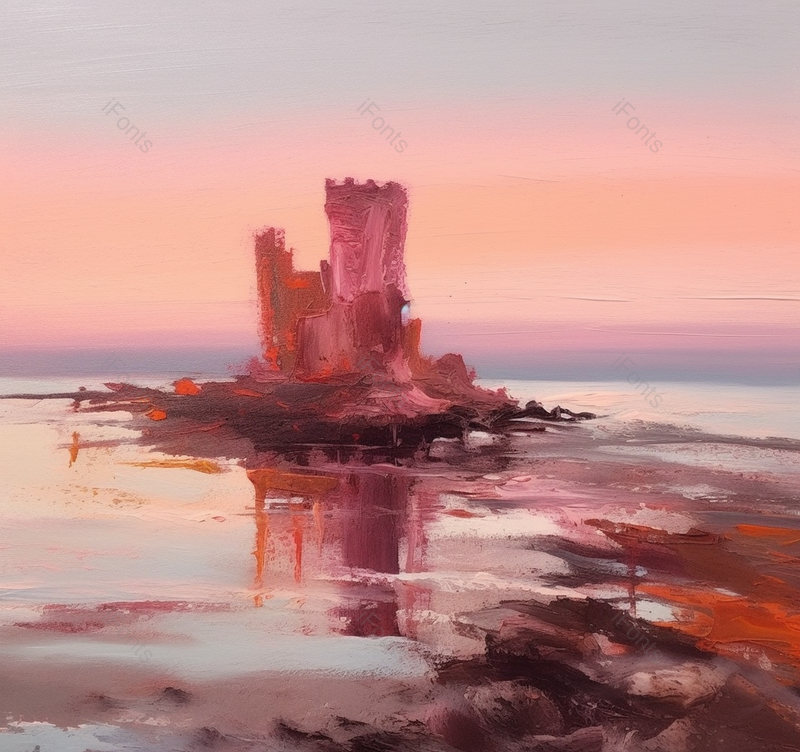 倒影水面海岸线边海浪小岛古堡矗立夕阳日落云朵天空油画,插画/手绘图,插画/手绘图库,插画/手绘图下载,插画/手绘